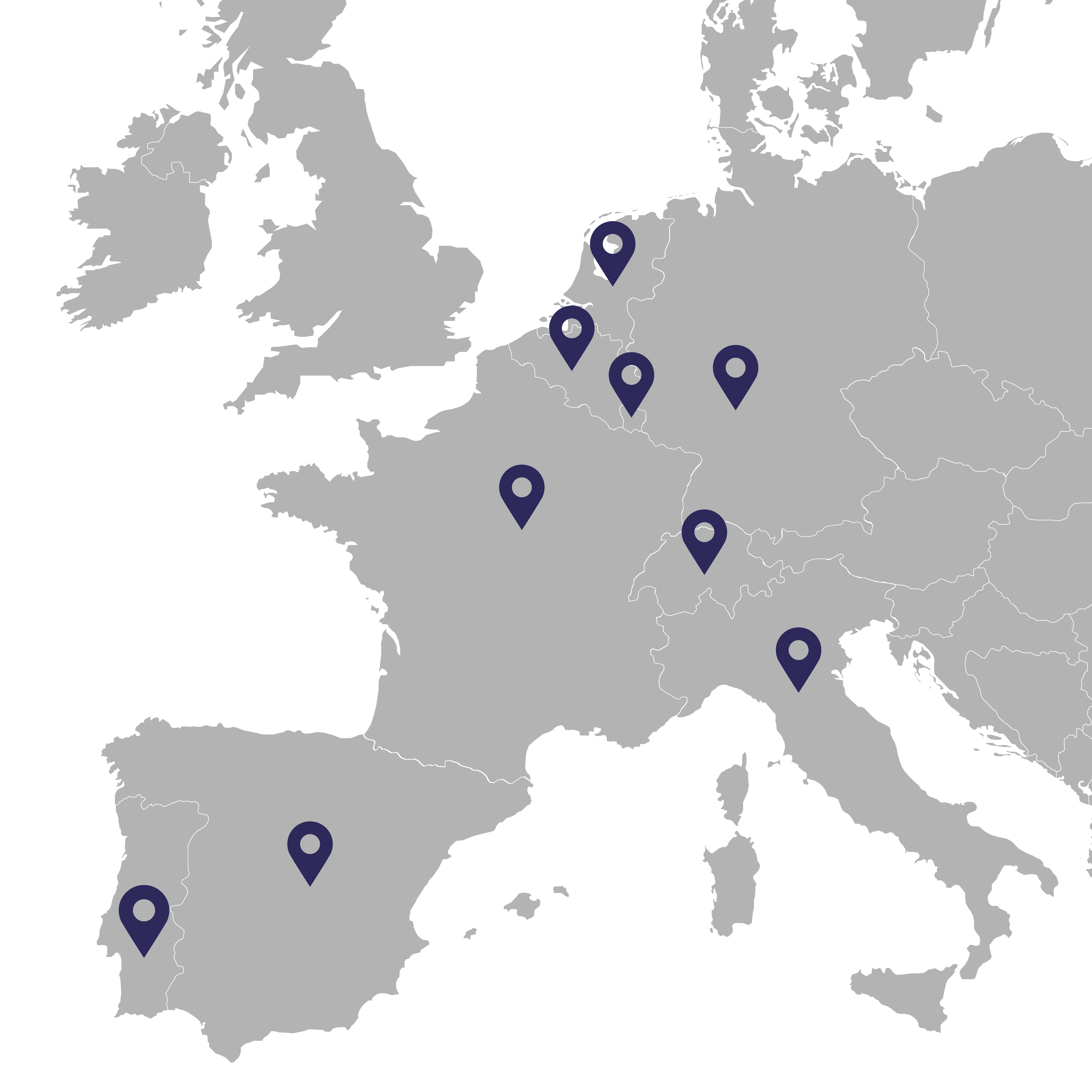 Kaart van Europa met de 9 landen aangeduid waarin de Murprotec-groep actief is