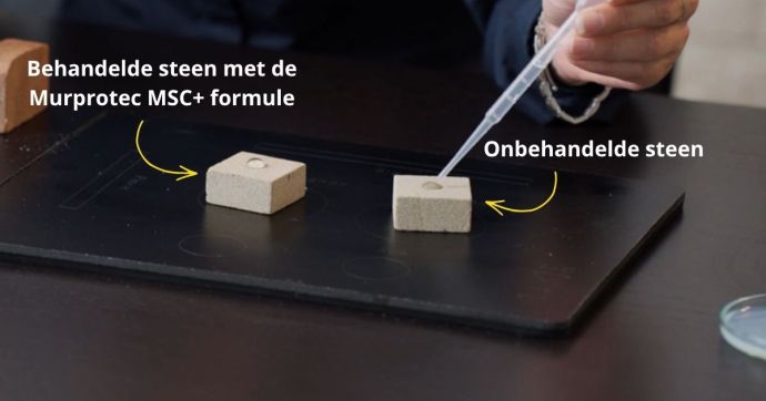 Het effect van water op een behandelde steen en onbehandelde steen. 