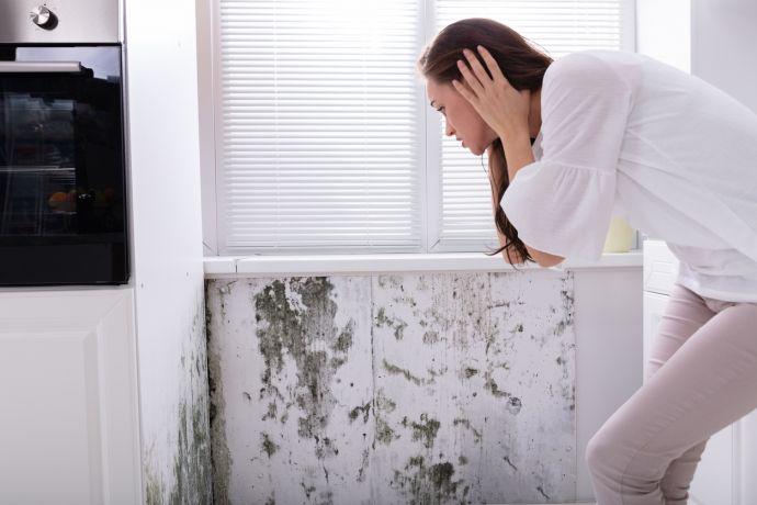 Jonge vrouw kijkt bezorgd naar zwarte schimmel op een muur